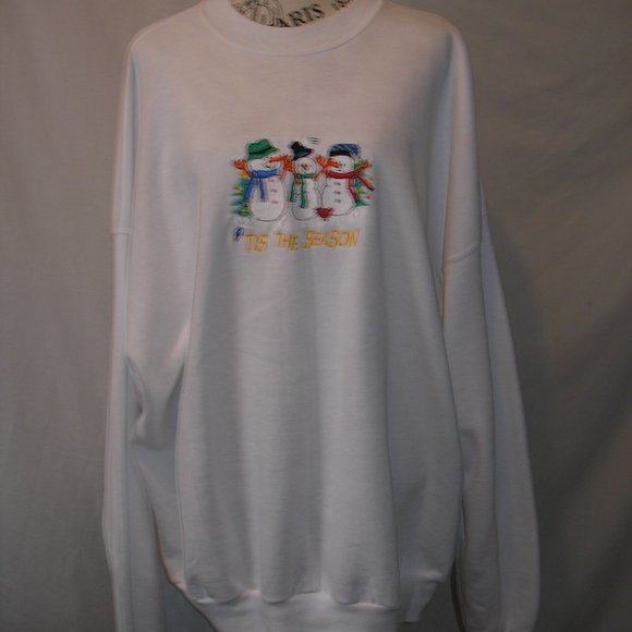 Adult XXL 54/56 Embroidered Snowman Hanes White Sweatshirt Tis The Season - Picture 3 of 10